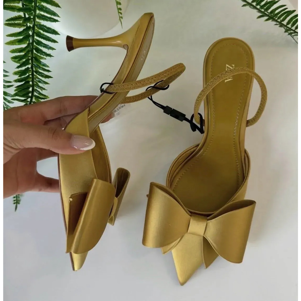 Zara Satin Slingback Heels Bow Pointed Toe Stiletto Wedding Party Sz 6.5 NWT - Picture 10 of 16